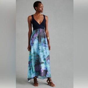 Anthropologie Elegant Watercolors Blue Light and Flowy Maxi Dress sz M